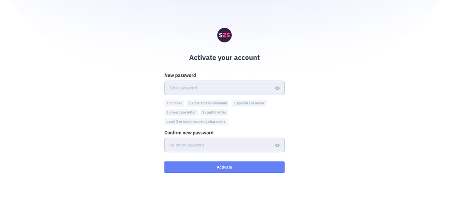 The account activation page, with password and password confirmation inputs, and Activate button.